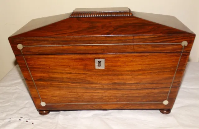ANTIQUE GEORGIAN ROSEWOOD TEA CADDY,MOTHER OF PEARL INLAY, 3 COMPARTMENTS c1820.