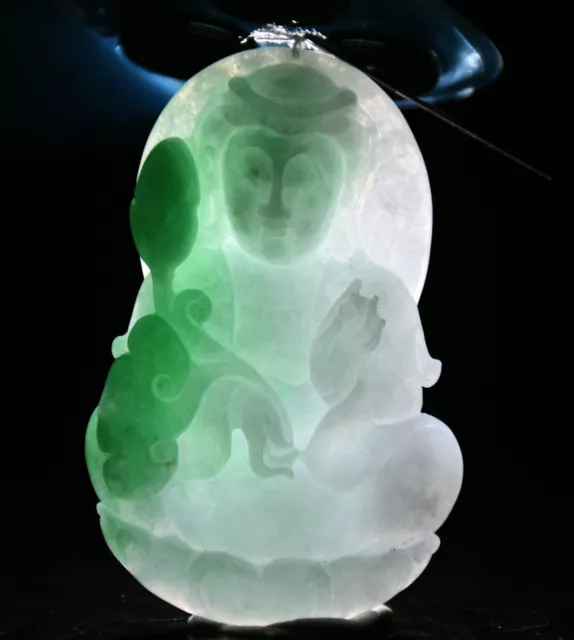 100% Icy Emerald Green Jade Jadeite Kwan-yin Guan Yin Plate Pendant《A》CERT