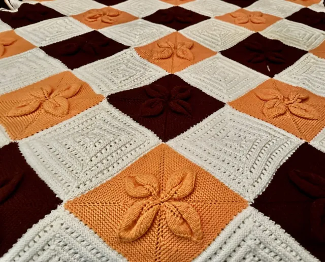 60s Retro MCM Bold Orange, Brown And Off White 3D Roses Afghan / Blanket 59x59”