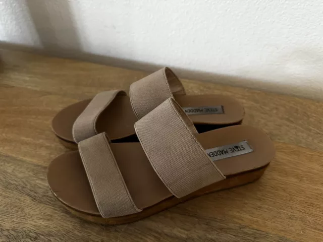 Steve Madden Tan Platform Low Wedge Sandals 7.5 Elastic Strappy Womens Shoes