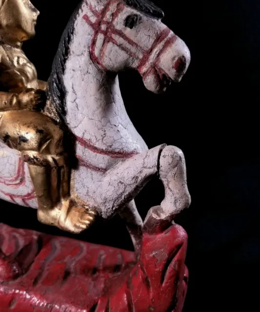 Vintage Burma Myanmar Hand Carved & Painted Gilded Nat Warrior Figure On Horse 11