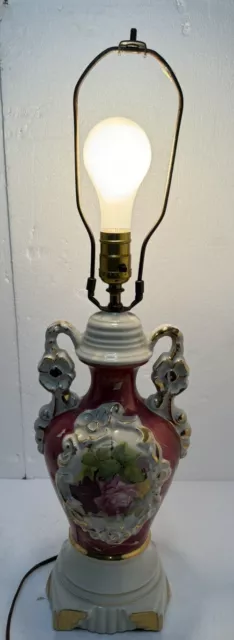 1940s Ulrich Victorian Art Deco French Ceramic Urn Lamp Maroon roses