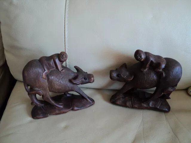 ANTIQUE FINE CHINESE PAIR HAND CARVED WOODEN WATER BUFFALO c1920's