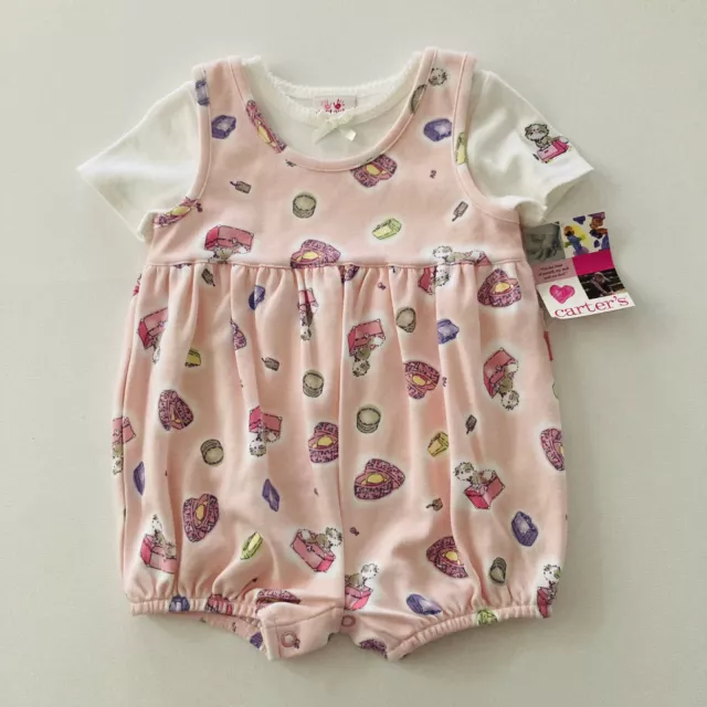 Vintage Carter’s 9-12 Months Baby Girl Tea Shortalls Set Kitty Pink