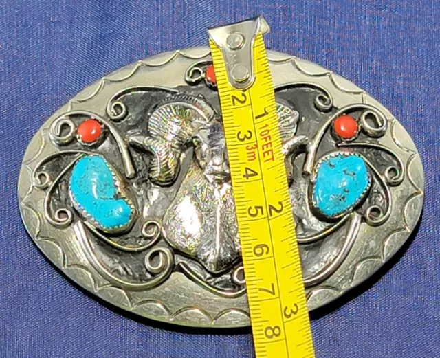 Vintage Ram Belt Buckle Turquoise Coral Silver Tone southwest / Native Style 3