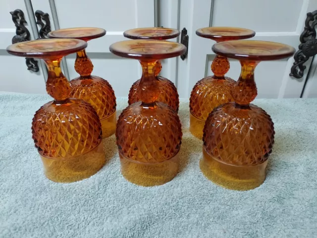 Vintage Indiana Glass Set- 6 Amber Gold Diamond Point Wine Water Goblet Glasses