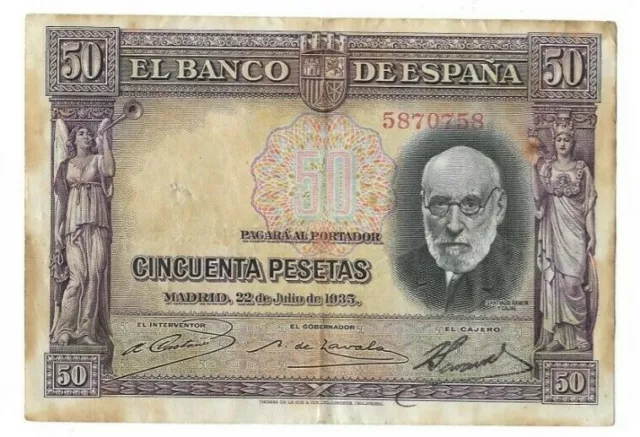 España: 50 Pesetas Ramon Y Cajal. Año 1935. Sin Serie. Rc+. Ideal Y Barato