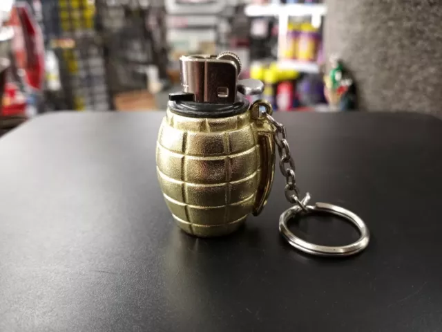 Vintage Miniature Hand Grenade Cigarette Lighter Gold Keychain. Korea