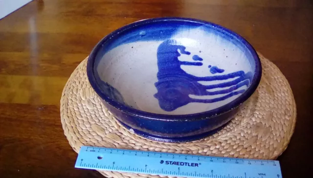 Vintage Studio Art Pottery Blue Glaze Stoneware  Bowl/Dish. Mark MM? 1.75" Tall.