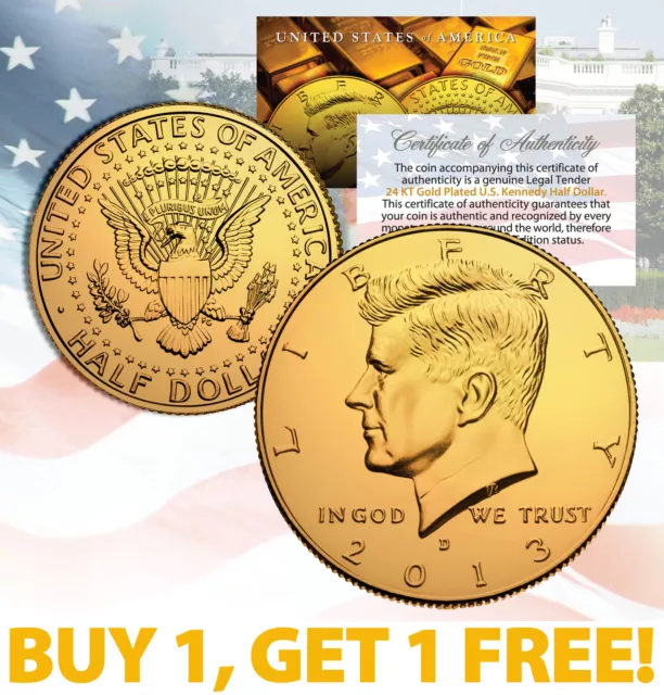 24K GOLD PLATED 2013 JFK Kennedy Half Dollar Coin w/Capsule * BUY 1 GET 1 * BOGO