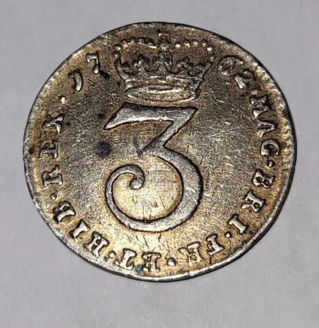 UK Great Britain 3 Pence Threepence .925 Silver Coin, 1762, George III, KM-591