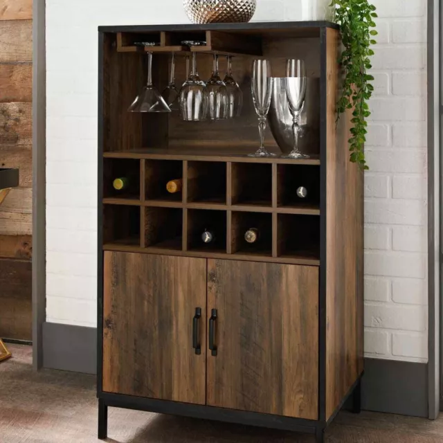 Wine Cabinet Drink Bottle Storage Unit Glass Door 10 Shelves 2 Doors Rustic Oak