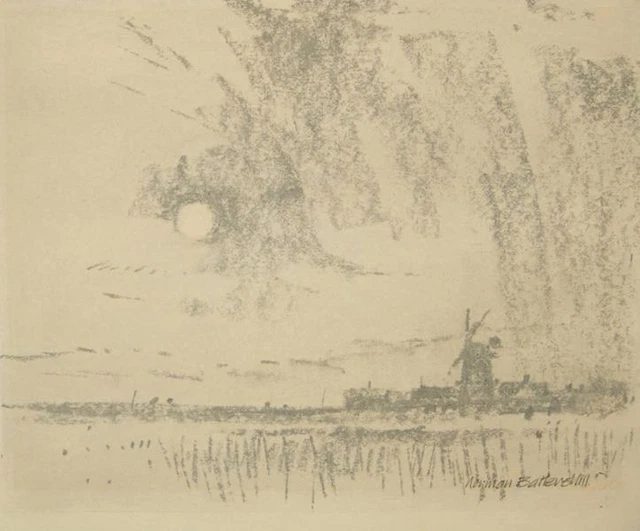 'Medmerry Windmill, Selsey' original crayon drawing by Norman James Battershill