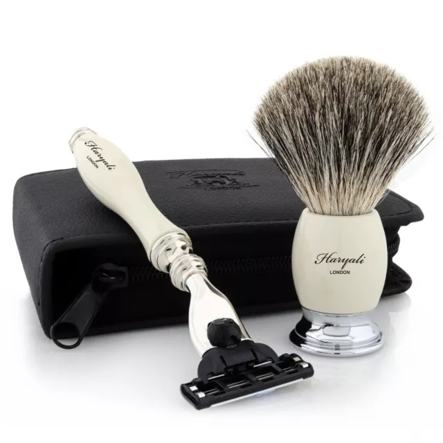 Homme Rasage Kit-3 Bord Rasoir, Blaireau Brosse Et Pochette, Parfait Cadeau Set