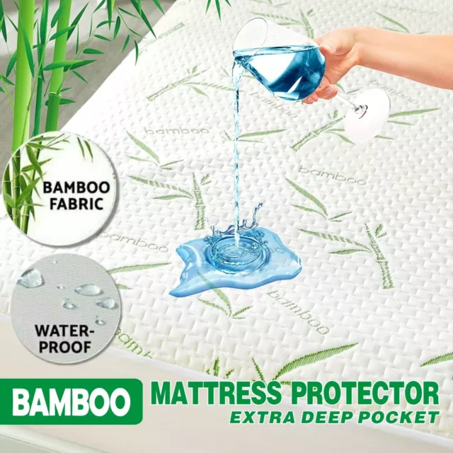 Extra Deep Bamboo Mattress Protector 100% Waterproof Fitted Cover Queen King Bed