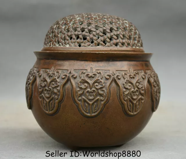 4.8" Qianlong Marked Old Chinese Bronze Dynasty Beast Face Incense Burner Censer