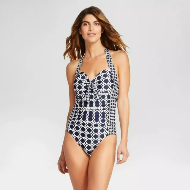 Merona NEW NWT Shirred Navy Print Swimsuit Halter One Piece Size XS