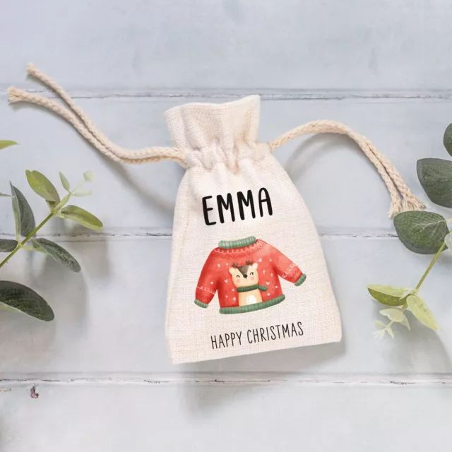 Personalisierte Happy Christmas Pullover Kordelzug Geschenktasche Beutel, Gefallen Ort Name