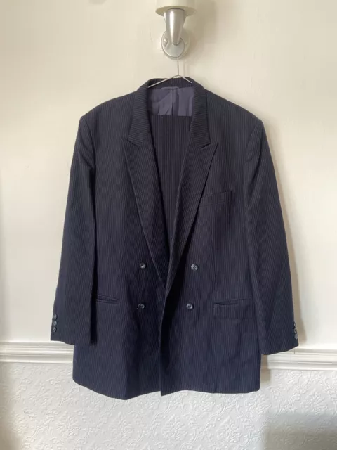 Double Breasted Wool Suit Navy Pin Stripe