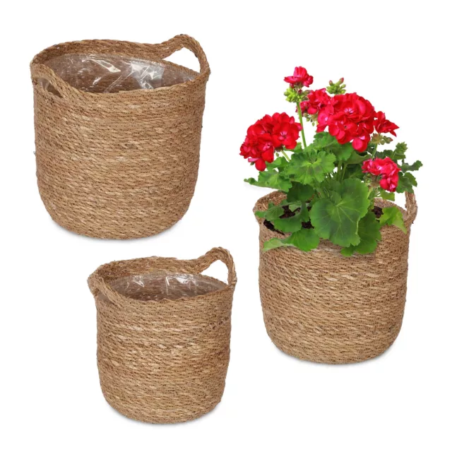 Seegras Blumentopf 3er Set Kräutertopf Blumenkorb Griffe Seegras Korb geflochten