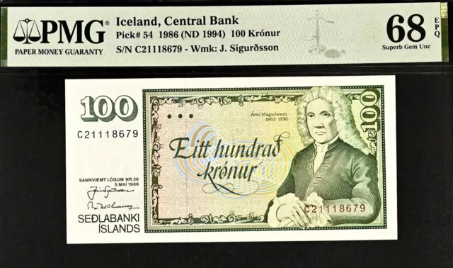 Iceland 100 Kronur Pick# 54 1986 (ND 1994) PMG 68 EPQ Superb Gem Unc Banknote