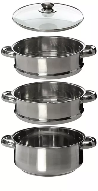 3PC Stainless Steel 22cm Steamer Cooker Pot Set Glass Lids 3 Tier Pan Cook Food 2