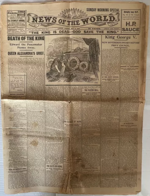 *RARE* DEATH of KING EDWARD VII Original 1910 'News Of The World' newspaper