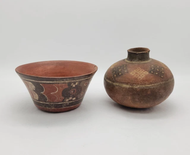 LOT 2pc - Pre-Columbian NAZCA Polychrome Painted Pottery Bowl & Pot / Vessel