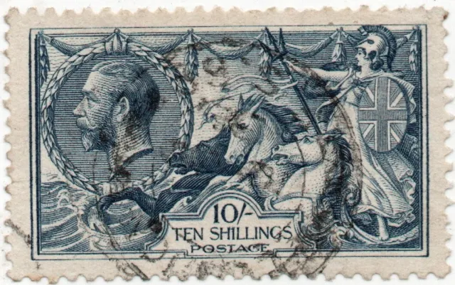 King George V Great Britain 10/- Blue Seahorse Stamp Fine Used 1918 Never Hinged