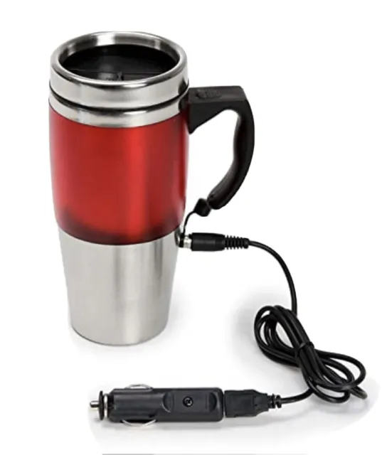 Auto USB Stainless Steel Heated Travel Mug Flask with Car & USB Charger (Red)