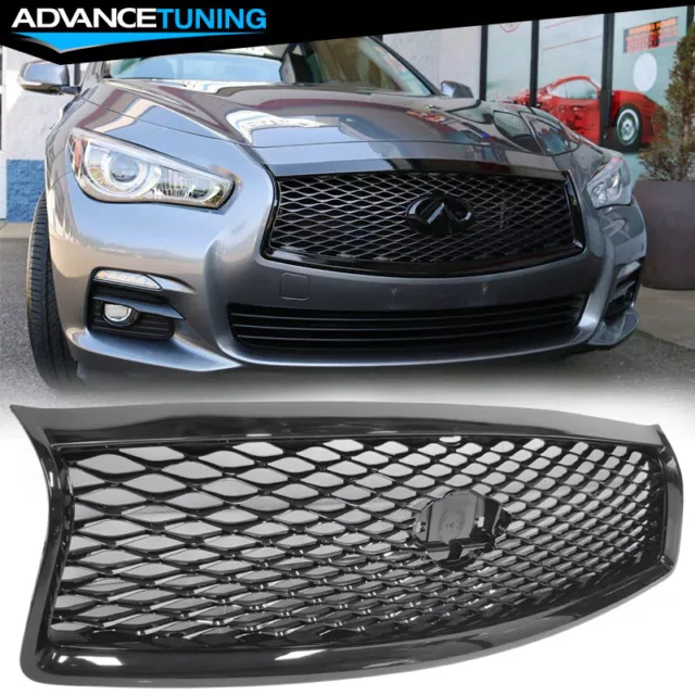 Fits 14-17 Infiniti Q50 Sedan Gloss Black Front Bumper Hood Upper Mesh Grille