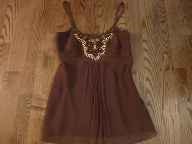 MILLY Size 4 Brown Silk Chiffon Babydoll Top Embellished  EUC