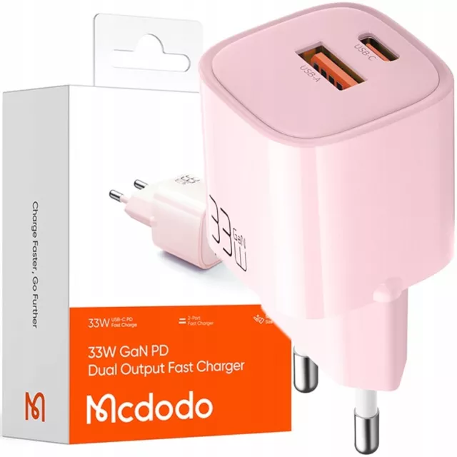 Chargeur USB/USB-C, rapide, nano, GaN 33W PD, rose McDodo