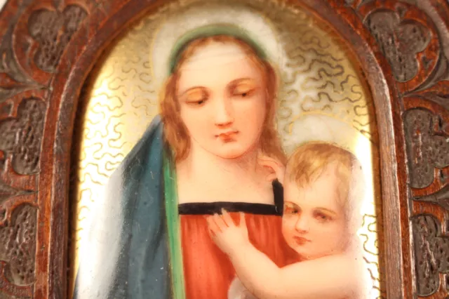 Neogotische Porzellan Miniatur Malerei Madonna mit Kind ca. 1850-80