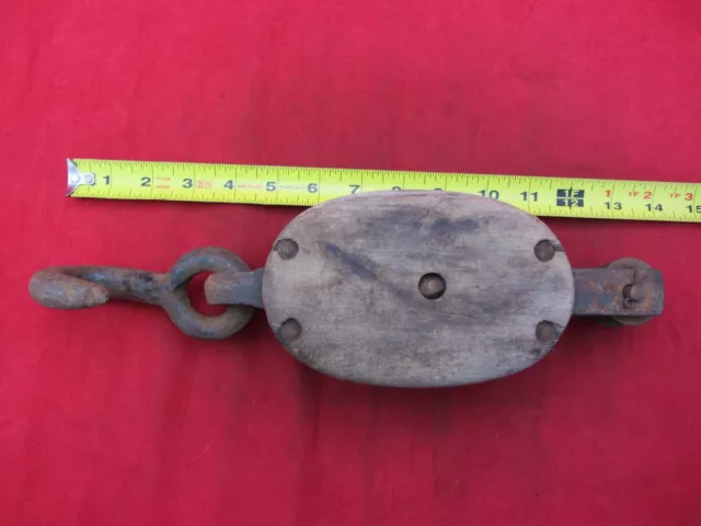 Vtg Antique Cast Iron & Wood Block & Tackle Hay Barn Trolley Pulley Steel Hook