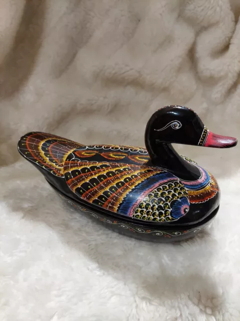 Stunning Large Hand Carved and Painted Black Laquered Wooden Duck  Trinket Box