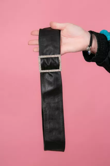 80s Vintage Soft Black Leather Waist belt With Diamante Buckle