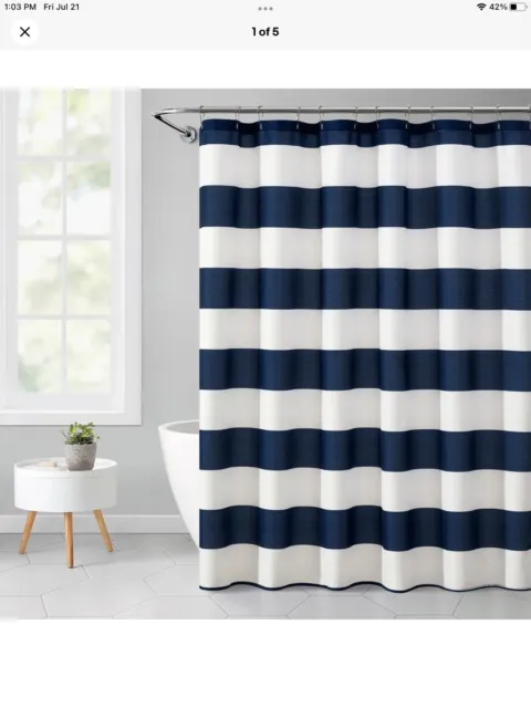 Mainstays Blue Cabana Striped Printed 72" X 72" Ribbed Textured Shower Curtain