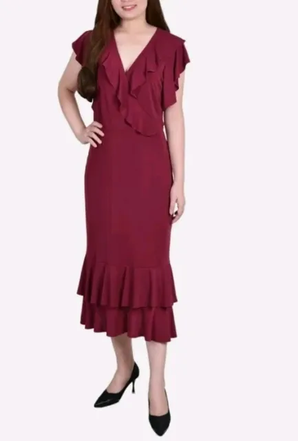 NY Collection Women's Dress Flutter Sleeve Ruffled Neck Midi Length L NWT