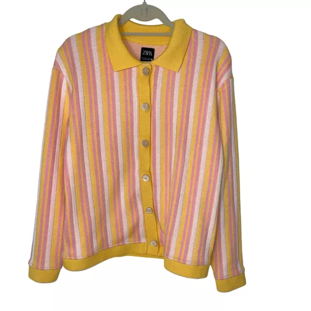 Zara Womens Cardigan Size Small Button Front Long Sleeve Yellow Pink Striped