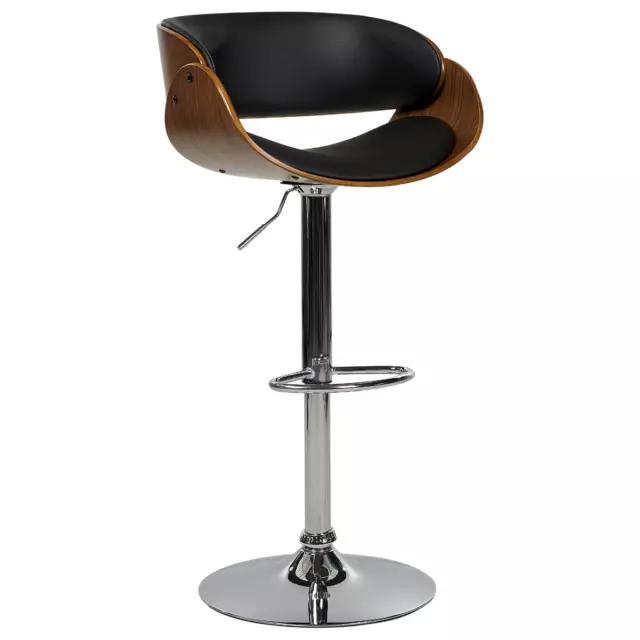 Chaise de Bar Moderne en Contreplaqué Foncé et Assise en Cuir PU Noir Pied Méta