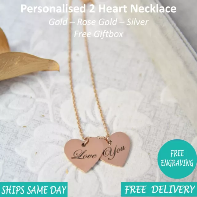 Personalised Engraved Womens Name Date 2 Heart Necklace Rose Gold Silver Giftbox