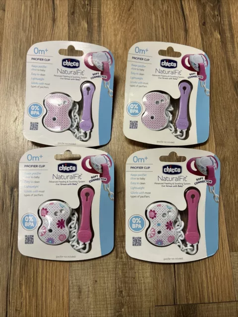 Chicco Baby NaturalFit Pacifier Clip Set of 4 Soft Connector Pink/Purple NEW!