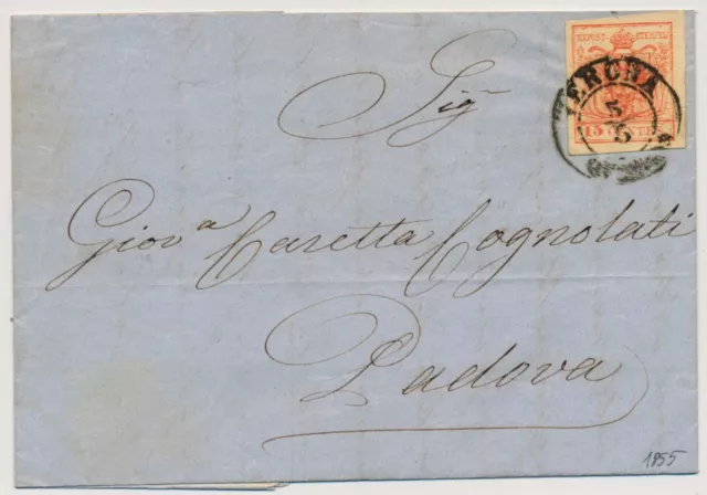 LOMBARDEI-VENETIEN 1855 15C,Brief (mit vollem Inhalt) VERONA nach PADOVA. Schön!