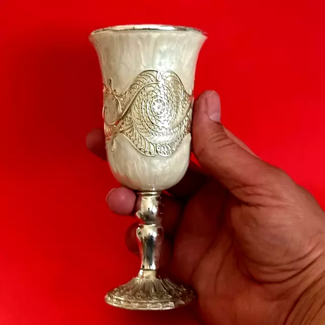 Vintage Kiddush Jewish Goblet Cup Judaica Israel Enamel Silver Plated Nice 6.1''