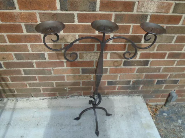 One Twisted Wrought Iron 30" Tall Floor Standing Candle Holder Three Candle