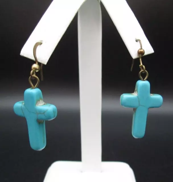 Turquoise Cross French Hook Fashion Earrings Brass Tone Amazing Vintage Estate