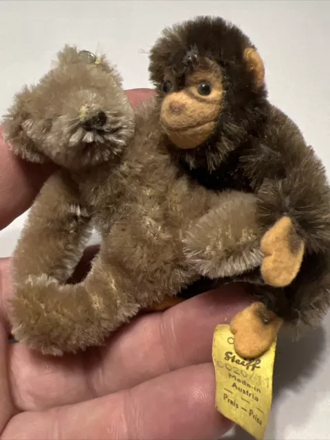 2 Steiff Vintage Mohair Miniature Bear & Monkey Lot Teddy Jocko