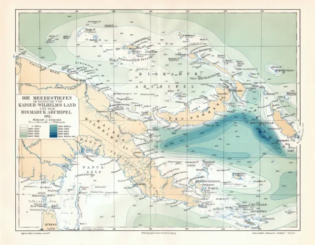 Meerestiefen Kaiser Wilhelm Land Bismarck Archipel Karte Lithographie ca. 1913
