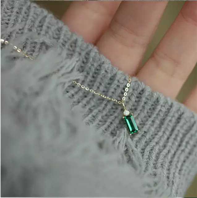 Tiny Dainty Emerald Green Baguette Necklace Sterling Silver 14K Gold plated